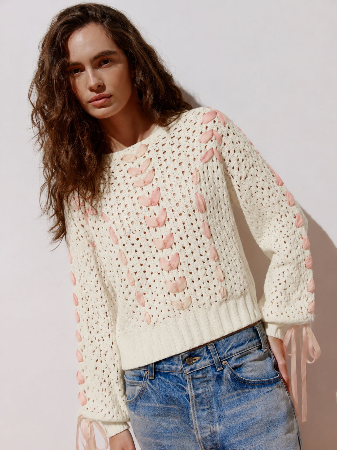 Sweater con Cintas Crema